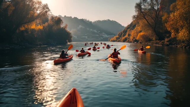 Paddling through autumn colors on a peaceful river adventure with friends and family during sunset - Powered by Adobe