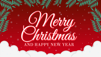 A Merry Christmas Greeting Template in red color background with Pine Tree Branches, Snowfall decorations.