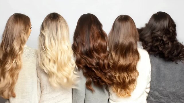 Women with various hair colors standing in a row showcase their long, flowing tresses against a simple background in a casual indoor setting