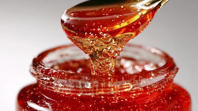 Closeup of amber mushroom tonic being stirred gently in a clear glass jar showcasing the vibrant color and smooth texture of this medicinal elixir.
