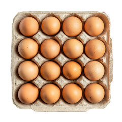 Overhead view of a carton of a dozen brown eggs isolated on transparent background
