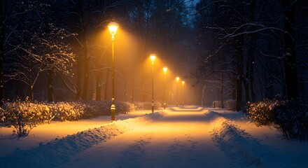 Snowy Winter Park Path Illuminated by Streetlights at Night.