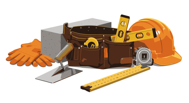 A comprehensive illustration showcasing essential construction tools and safety gear like a hard hat, gloves, and a full tool belt, ready for any building project.