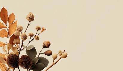 Minimalist floral arrangement with dried plants acorns and leaves on a beige background for autumn seasonal concepts and decoration.
