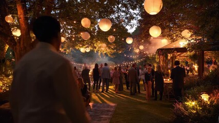 Enjoying an outdoor party with beautiful lamp garlands at dusk among friends and family in a vibrant garden setting