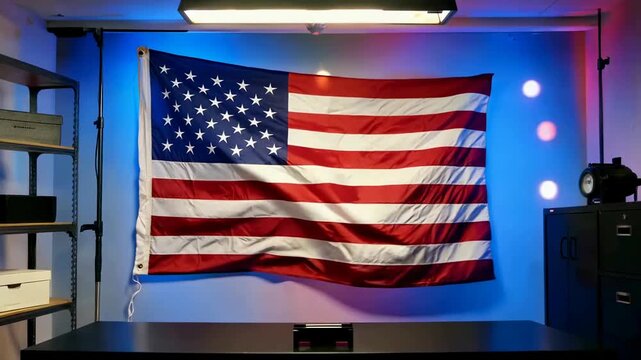 American Flag Waving in Patriotic Lighting
