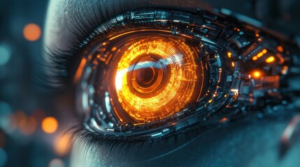 Futuristic cybernetic eye close-up, technological enhancement