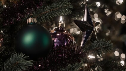 Christmas tree ornaments and lights create a festive atmosphere.