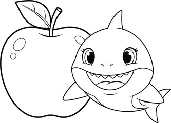 Cute Shark and Apple Coloring Page for Kids | Fun Ocean Animal and Fruit Line Art | Printable Cartoon Illustration for Learning and Coloring