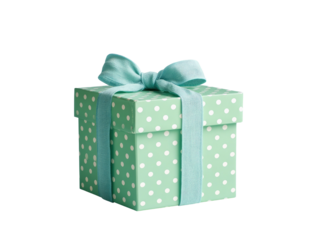 Mint gift box, white dots, light blue ribbon on dark
