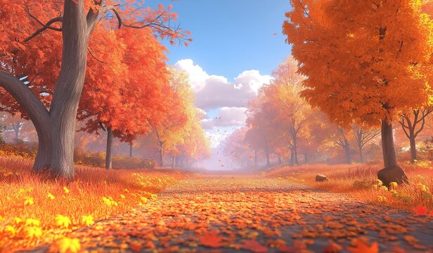 An autumn forest with beautiful trees displaying vibrant orange leaves and a path winding through the woods leading to a landscape under a blue sky.