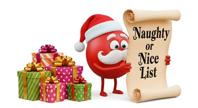Cheerful 3D Christmas Character Checking Naughty or Nice List Beside Gift Boxes