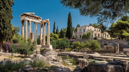 Fototapeta premium Temple of Olympian Zeus Athens Greece and surrounding landscape during daytime