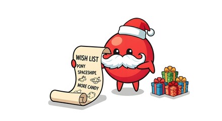 Obraz premium Cute Red Christmas Character with Santa Hat Reading a Holiday Wish List and Gifts