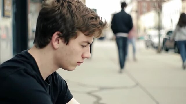 Pensive young man on city sidewalk, walking people blurred in background, for editorial use