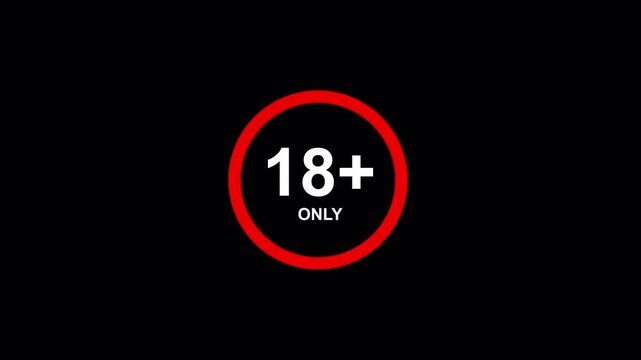 Animated 18+ adults-only warning badge appearing and flashing with bold red circle and clean transparent background. 4K video