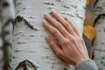 person hands pressing against birch tree with fresh, white bark