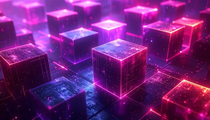 Neon lit digital cubes, glowing against a network backdrop