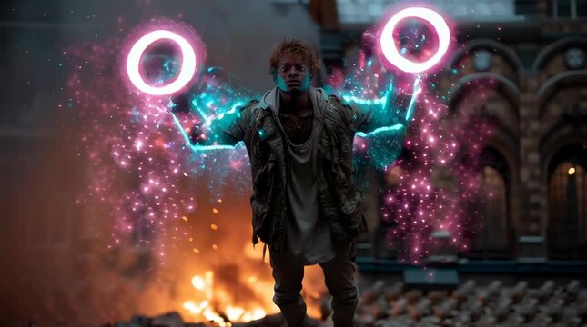 
A 21-year-old male wearing casual street clothes, standing high in the air, with cosmic energy wings, high above a burning American city, unleashing devastating space time continuum magic in a bright