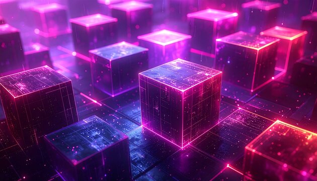 Neon lit digital cubes, glowing against a network backdrop