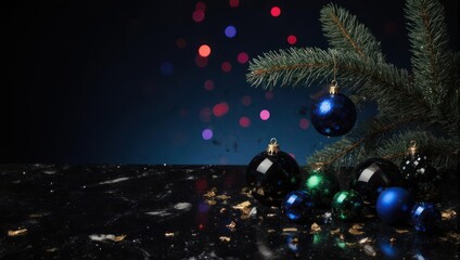 Christmas tree with blue ornaments and colorful lights on a dark background.