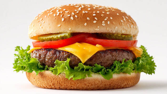 A juicy cheeseburger featuring a perfectly grilled beef patty topped with melted cheese, fresh