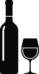 Wine bottle and glass vector illustration, black silhouette icon for bar, restaurant, celebration, party, alcohol, winery, beverage, drink, and design artwork