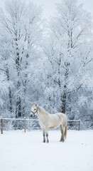 Naklejka premium Elegant white horse stands quietly in a pristine winter wonderland, with a blanket of fresh snow and ice-laden trees creating a peaceful, frosty scene ,tranquil ,outdoor beauty ,light