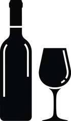 Wine bottle and glass vector illustration, black silhouette icon for bar, restaurant, celebration, winery, alcohol, beverage, party, minimalist, and elegant design artwork