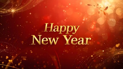 Elegant golden happy new year text with sparkling lights and confetti on a warm red background for festive celebrations and greetings