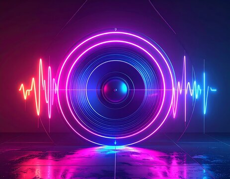 Neon-lit speaker with sound waves and geometric shapes, dark background