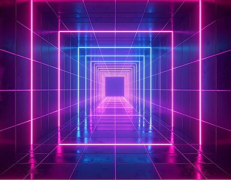 Neon lit tunnel of geometric frames radiating towards a distant opening