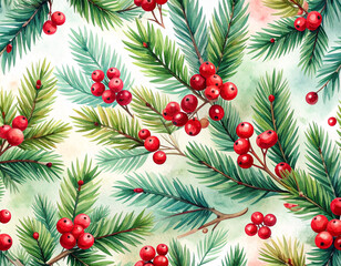 Watercolor illustration of fir branches and red berries, elegant winter background pa 