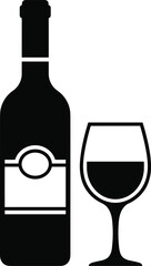 Wine bottle with label and glass vector illustration, black silhouette icon for bar, restaurant, celebration, winery, alcohol, beverage, and drinking design artwork