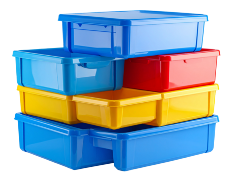 Angled Perspective of Multicolor Storage Containers, Stack and Nesting Concept, Isolated on Transparent Background