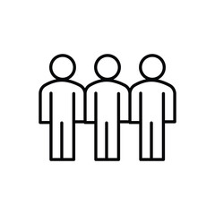 Three stylized linear human figures stand side by side each with a circular head rectangular body and arms