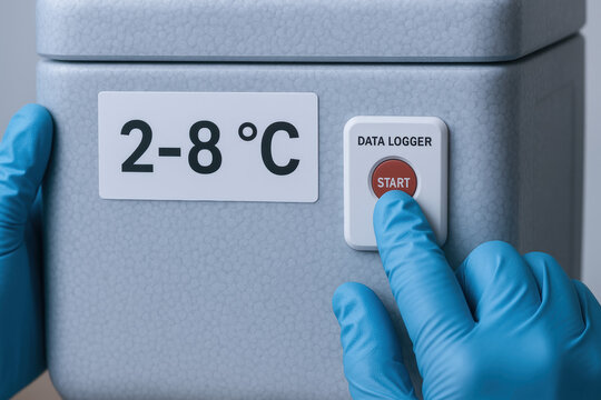 Cold storage box with temperature control and data logger being activated by gloved hand ensuring supply chain logistic safety