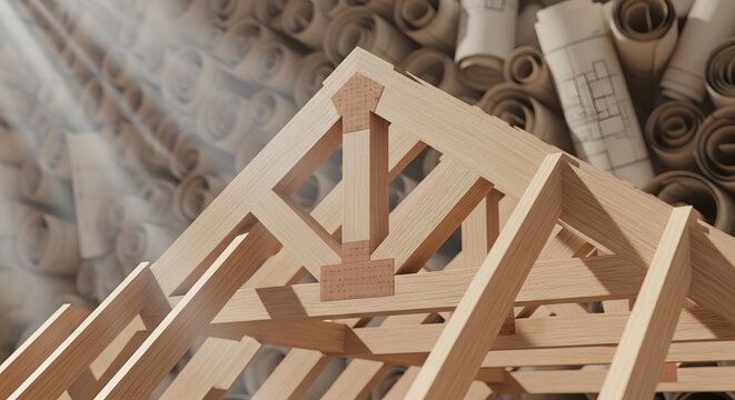 Detailed Wooden Roof Truss Model with Architectural Blueprints in Background