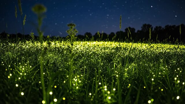 Magical Fireflies Lighting Up a Dark Meadow at Night