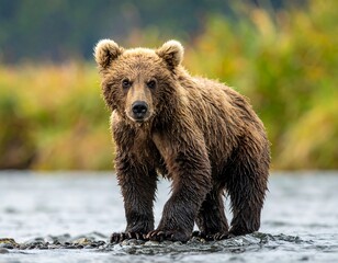 Obraz premium Brown bear standing on rocks in water, with lush green foliage in the background