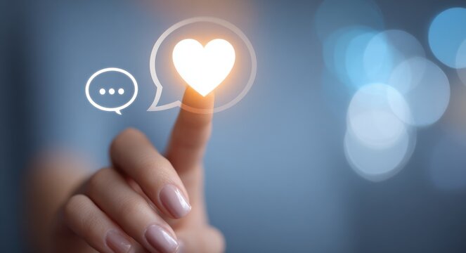 Finger touching glowing heart icon with warm light rays. Social media like button concept with speech bubble.