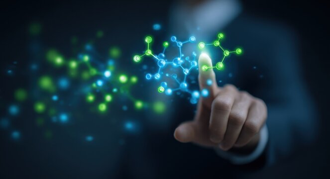 Hand touching glowing digital network nodes with blue and green connections. Futuristic technology concept.