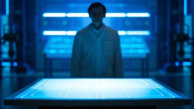 Scientist looking at a glowing circuit diagram in a science lab
