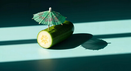 A single cucumber with a small umbrella on a turquoise surface