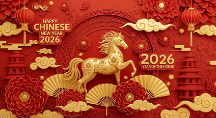 Happy chinese new year 2026, year of the horse, golden horse statue, red background
