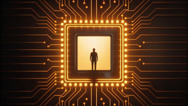 Silhouette of a man inside glowing AI core surrounded by circuits