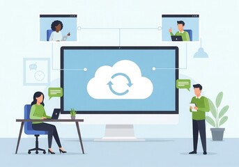 Modern office collaboration featuring cloud computing and remote teamwork technology