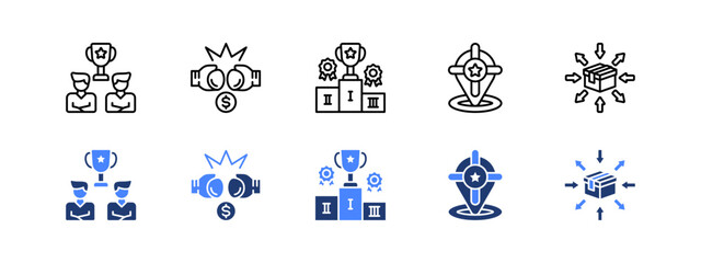 Competition, Rivalry, Competitive, Positioning, Differentiation with two styles, line and duotone icon.