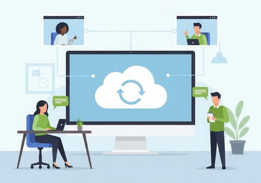 Modern office collaboration featuring cloud computing and remote teamwork technology