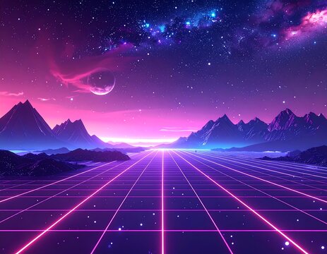 Neon landscape featuring grid, mountains, and celestial bodies
